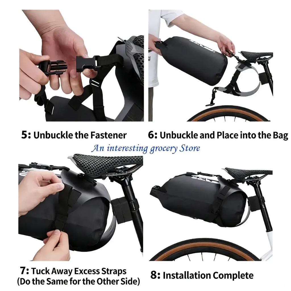 Black waterproof bike saddle bag stabilizer bracket with adjustable straps and secure buckle system shown from the back side