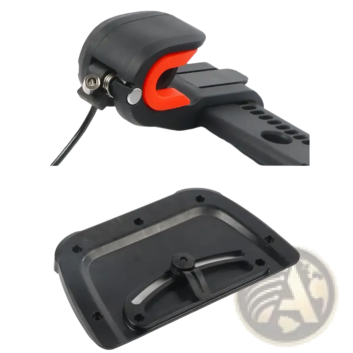 Black plastic bike bell with bright orange trigger mechanism attached to adjustable nylon rack clip buckle