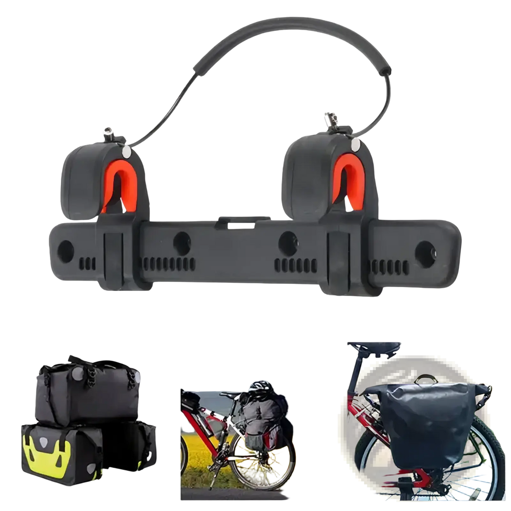 Black and orange nylon bike side bag buckle adjustable rack clip with two clamps for securing panniers to bike frame