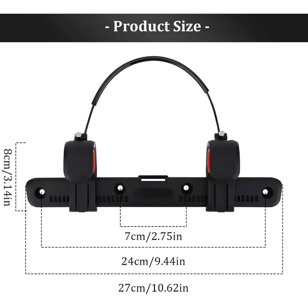 Black plastic bike side bag buckle adjustable nylon rack clip with red accents and curved wire loop handlebar mount