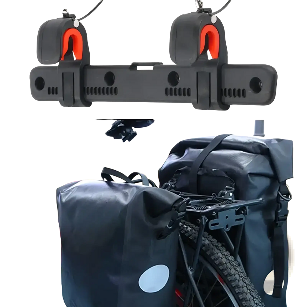 Black plastic bike rack mount with orange nylon adjustable buckle clips shown from the back side