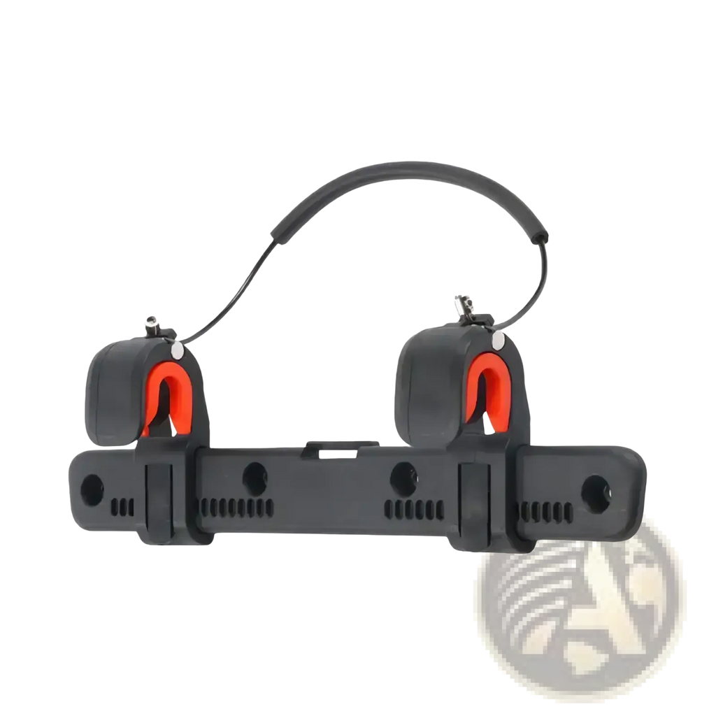 Black plastic bike side bag buckle adjustable nylon rack clip with orange u-shaped clamps and curved handle shown from back side