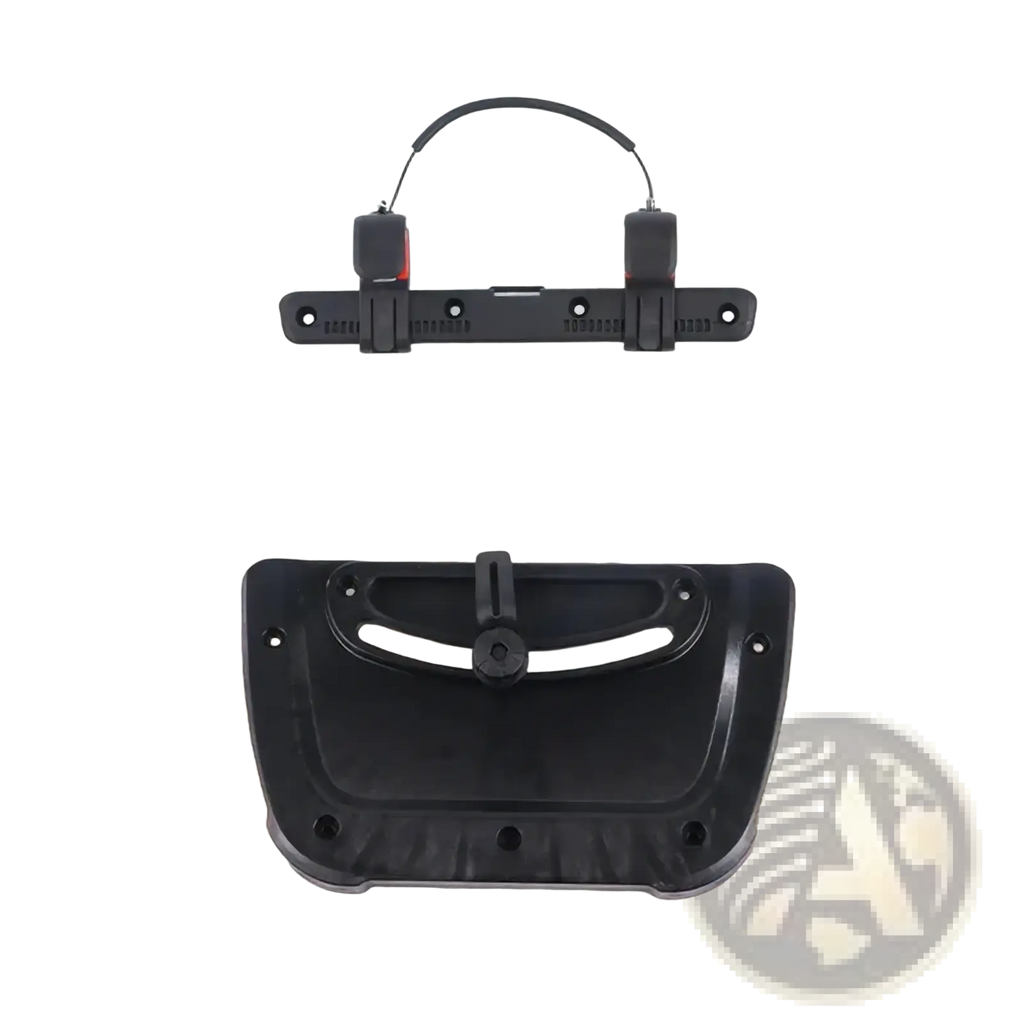 Black plastic bike side bag buckle adjustable nylon rack clip showing back side with handle and mounting brackets