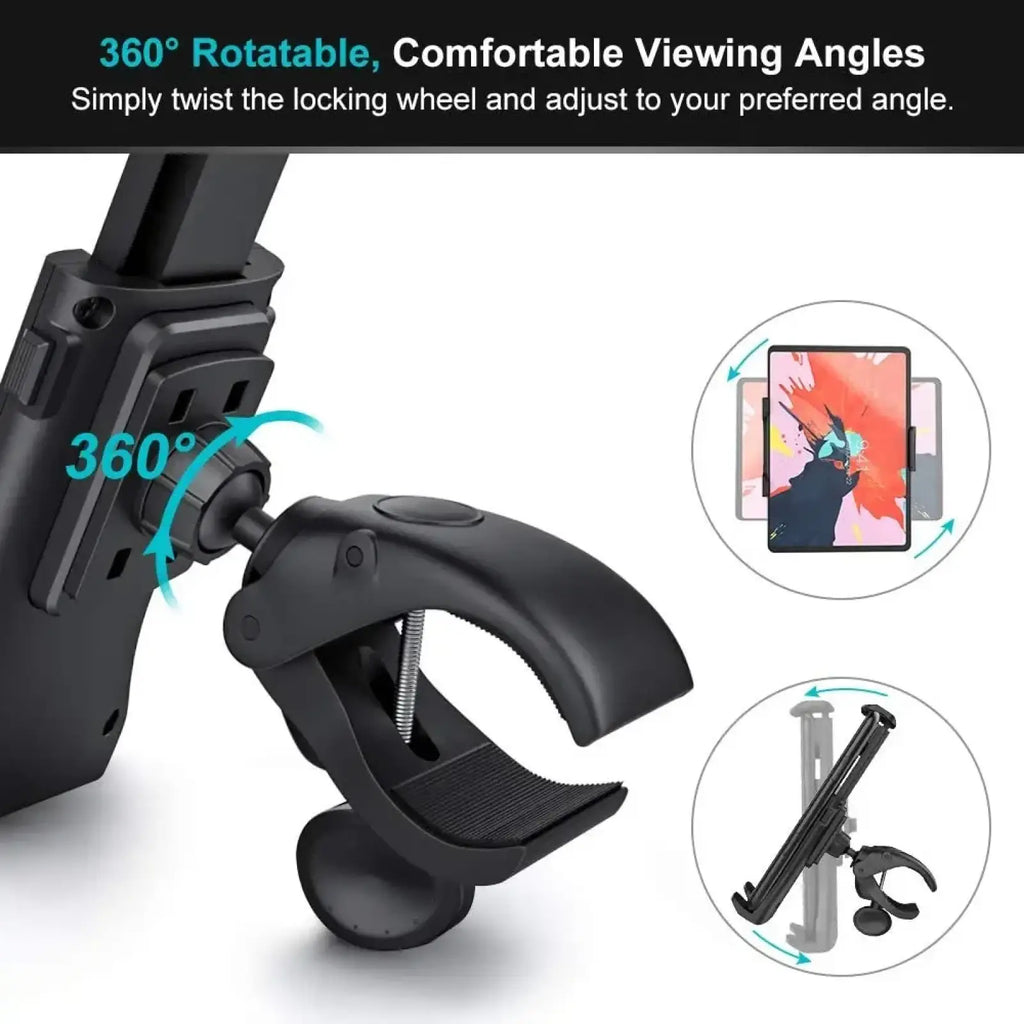 Black bike tablet holder with 360-degree rotatable phone mount adjustable clamp and locking wheel for gym equipment