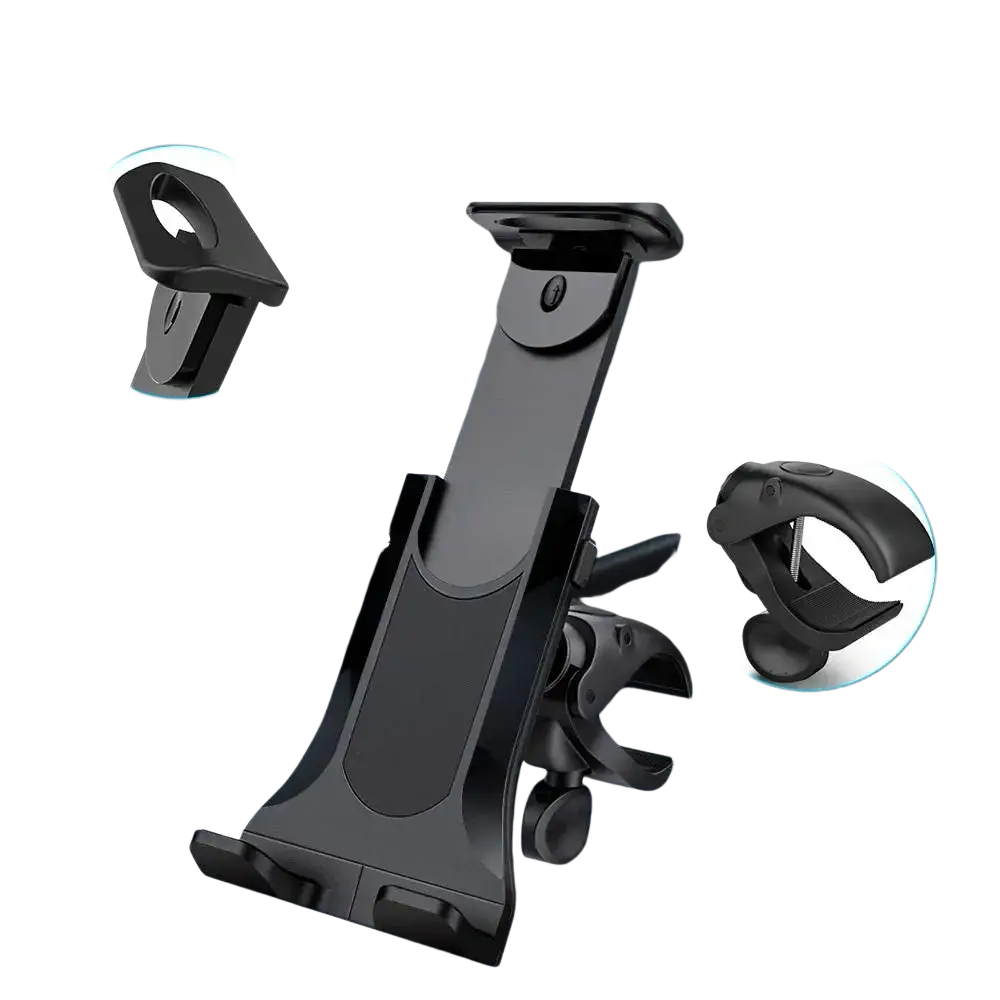 Black abs plastic bike tablet holder for treadmills with adjustable clamp and screw-thread knob for secure grip