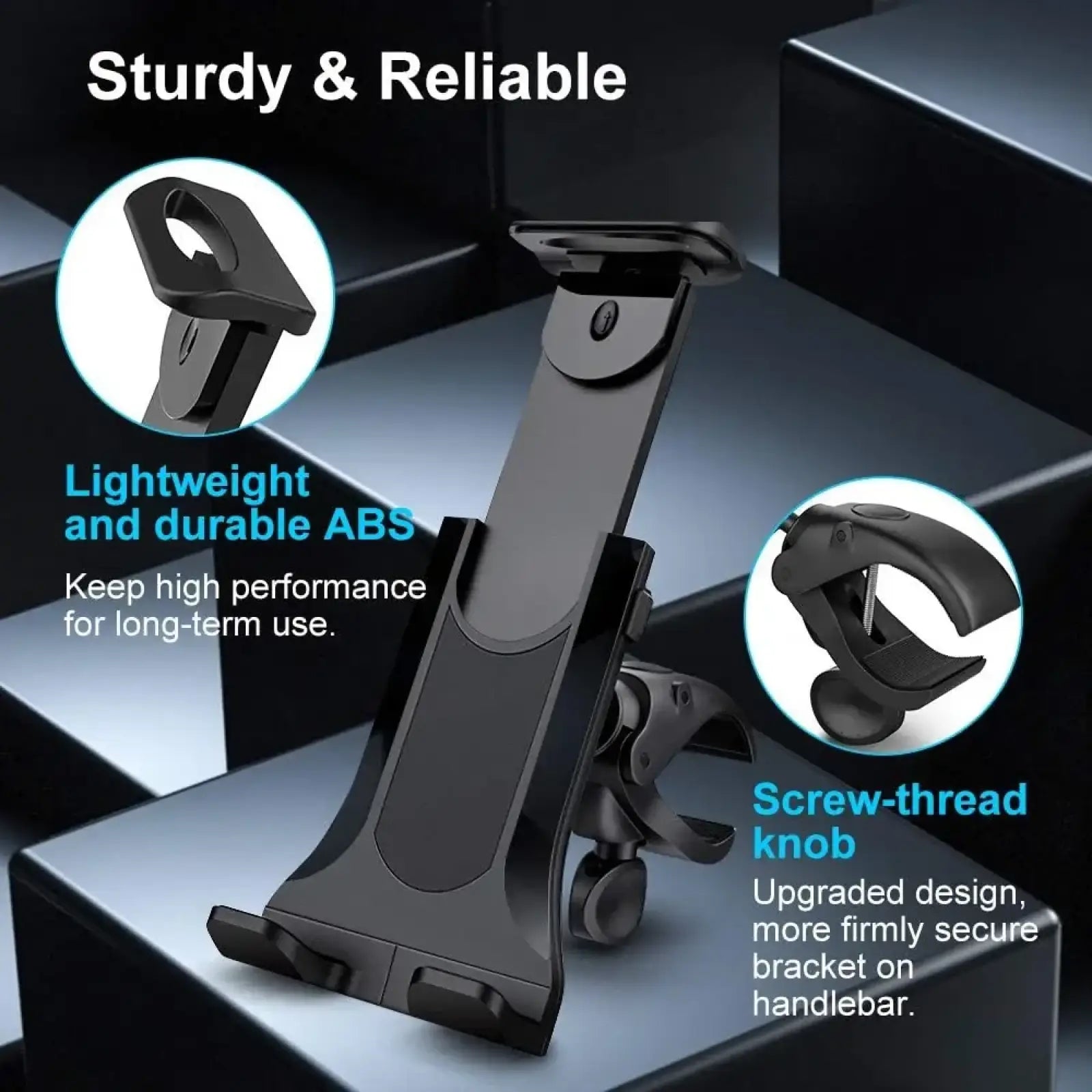 Black abs plastic bike tablet holder for treadmills with adjustable clamp and screw-thread knob for secure grip