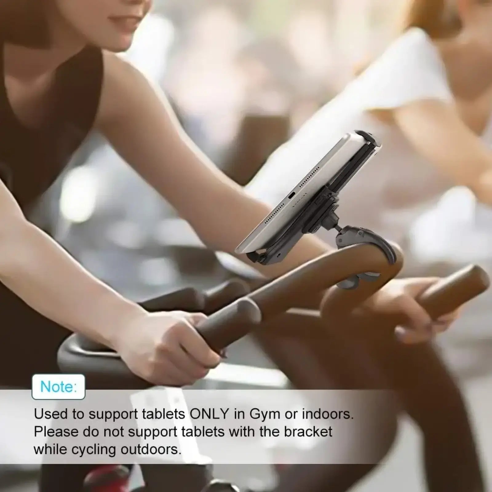 Black adjustable tablet mount bracket made of durable material for stationary exercise bikes and gym equipment use