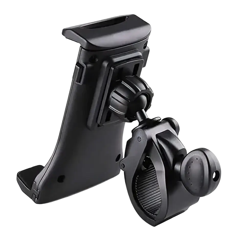 Black plastic bike tablet holder with adjustable clamp and swivel joint for treadmills and gym equipment