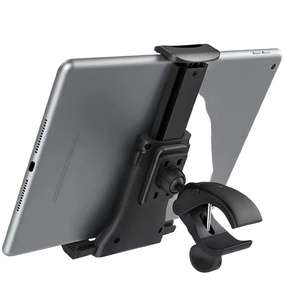 Black plastic bike tablet holder securely mounts a silver tablet on treadmills and gym equipment