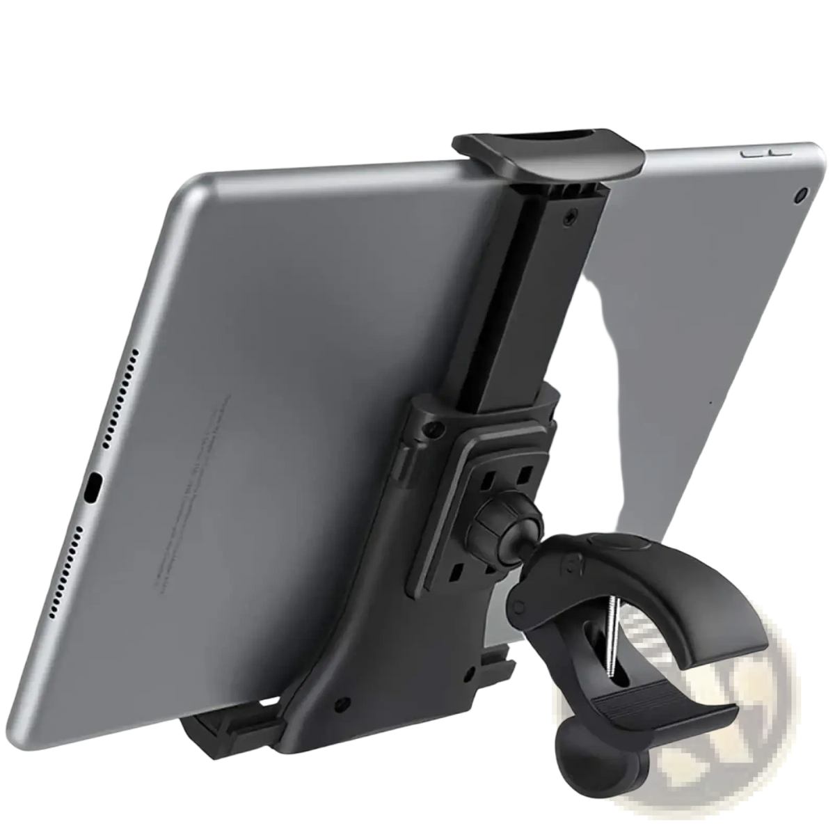 Black plastic bike tablet holder securely mounts a silver tablet on treadmills and gym equipment