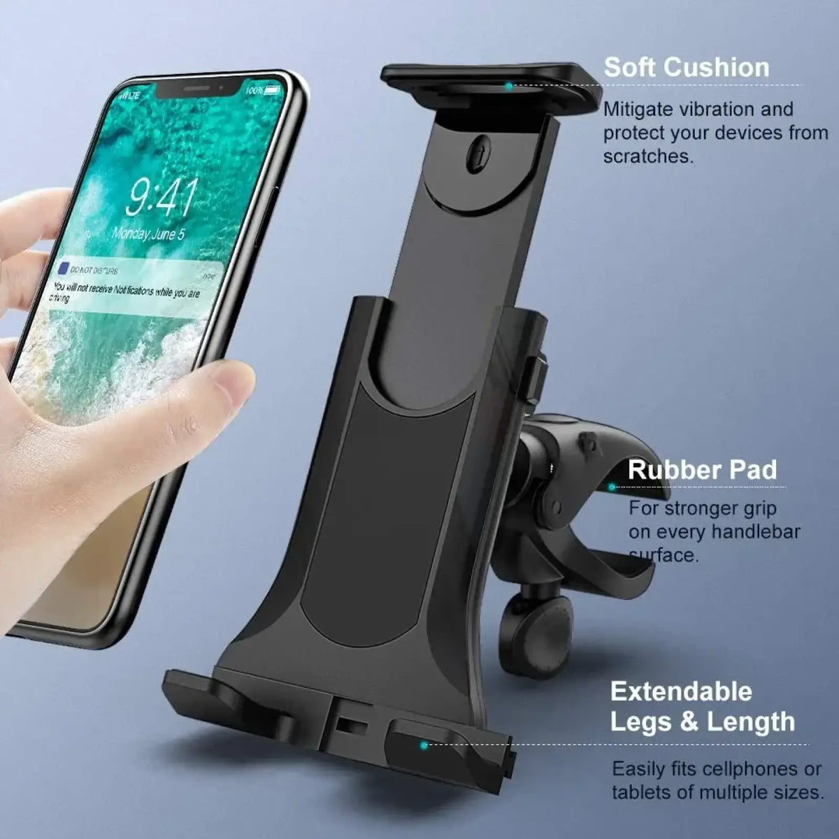 Black plastic bike tablet holder with soft cushion and rubber pad for secure grip on treadmills and gym equipment