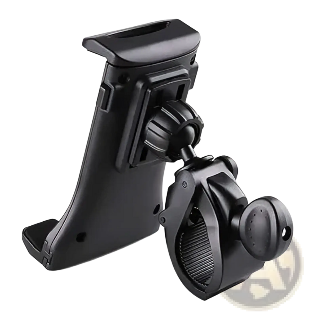 Black plastic bike tablet holder with adjustable clamp and swivel joint for treadmills and gym equipment