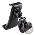 Black plastic bike tablet holder with adjustable clamp and swivel joint for treadmills and gym equipment