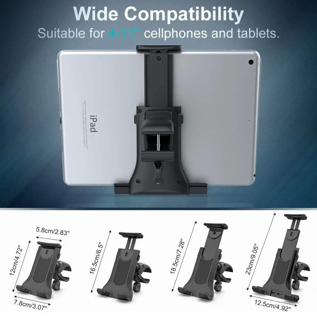 Black plastic bike tablet holder with adjustable clamp for 4 to 11 inch devices on treadmills and gym equipment