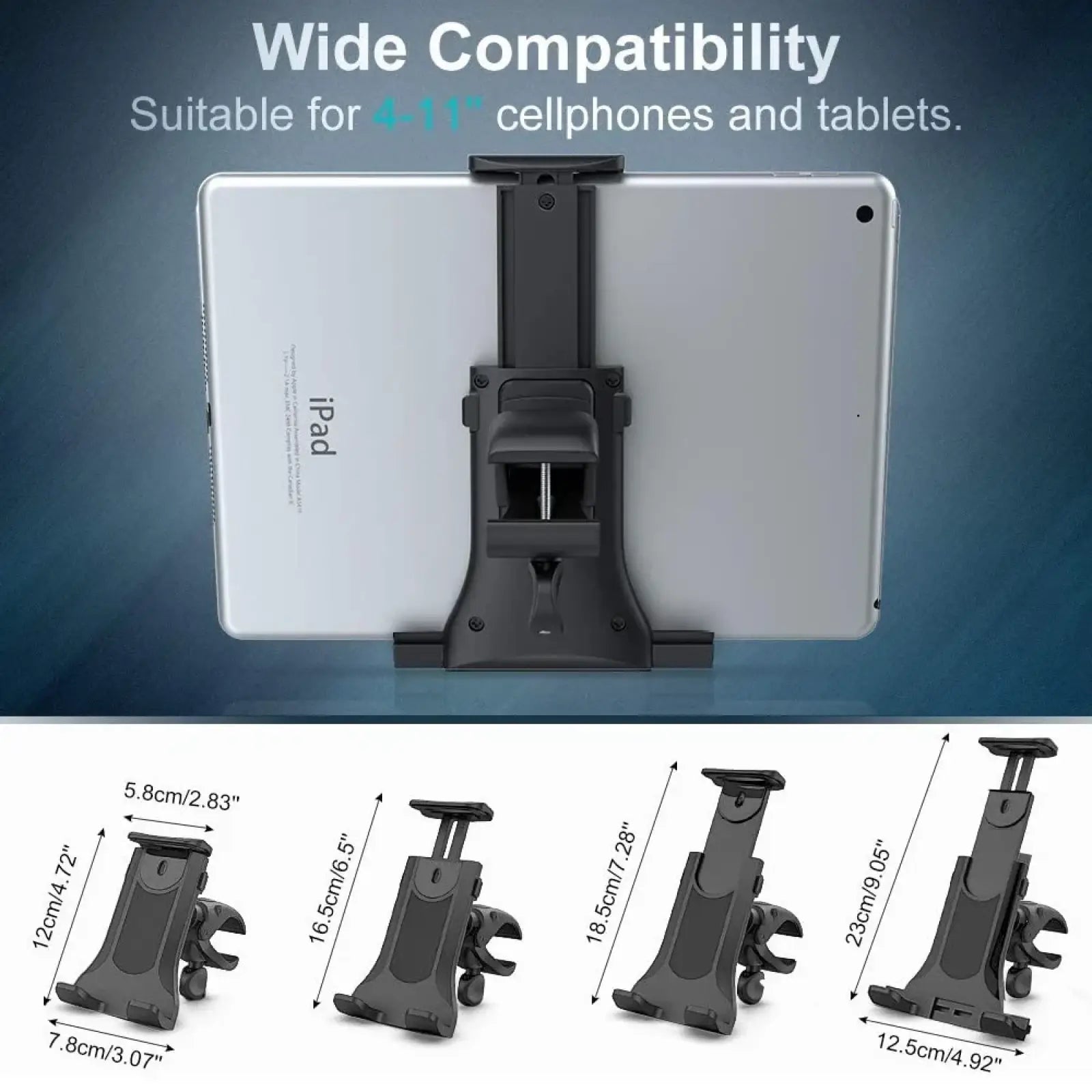 Black plastic bike tablet holder with adjustable clamp for 4 to 11 inch devices on treadmills and gym equipment