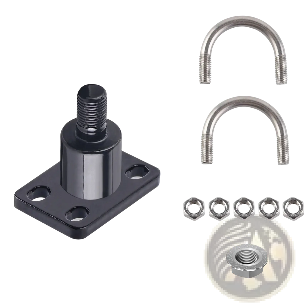 Black metal bike trailer hitch coupler with threaded bolt four holes u-bolts nuts and hexagonal nut for bicycle adapter