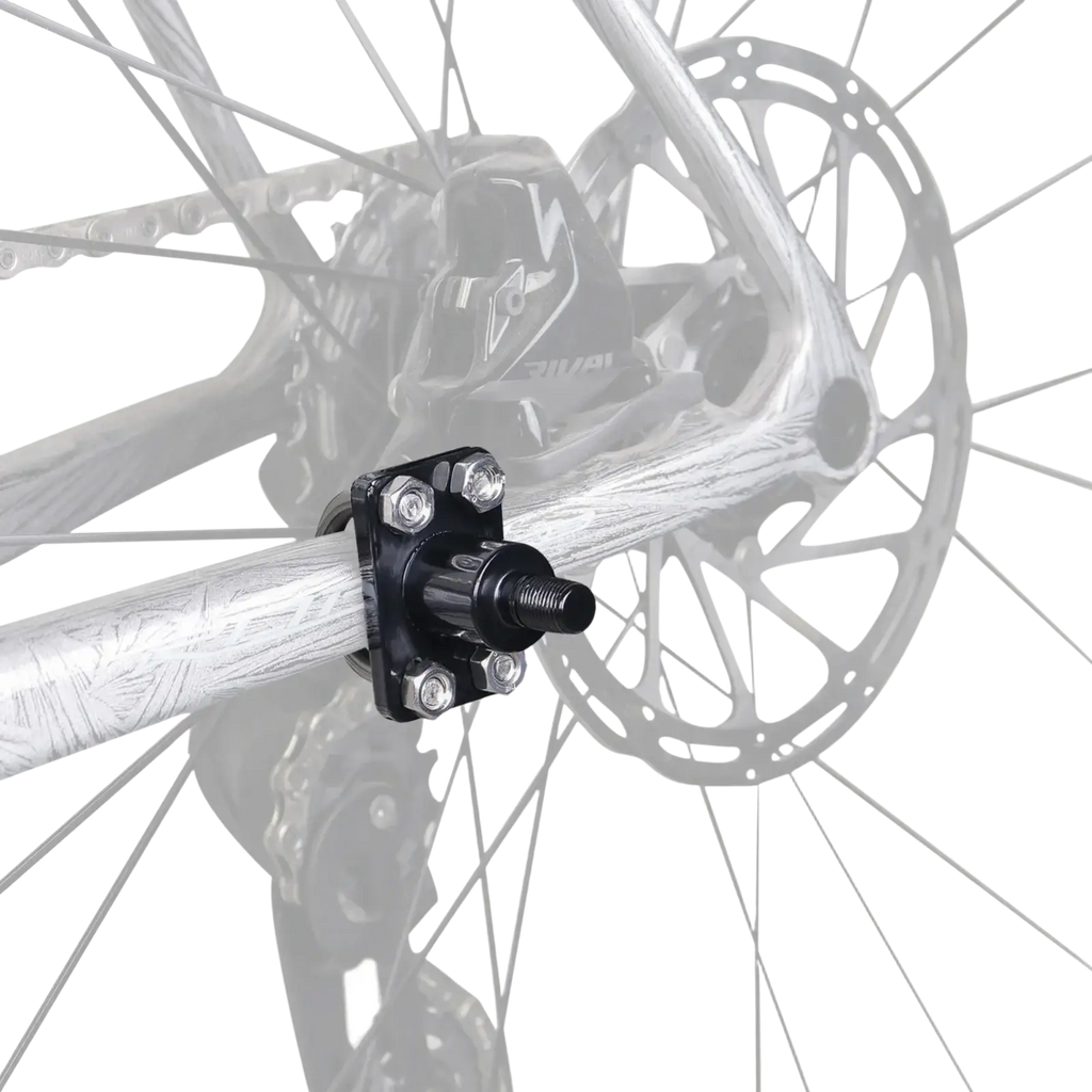 Black metal bike trailer hitch coupler adapter with four silver bolts securing a threaded shaft to the frame back side