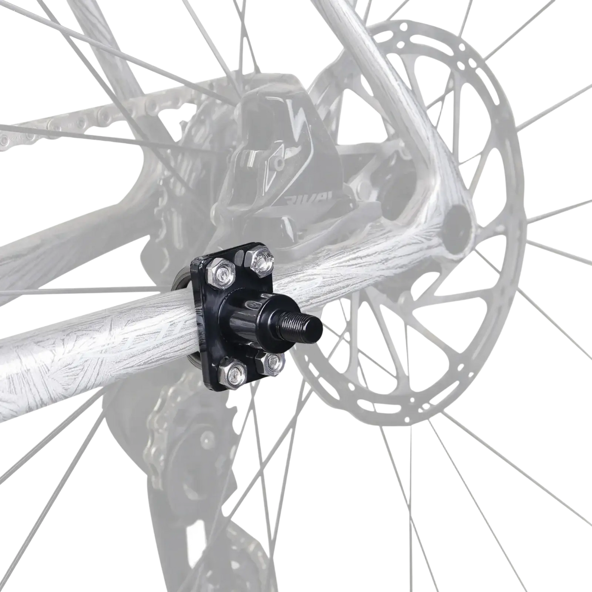Black metal bike trailer hitch coupler adapter with four silver bolts securing a threaded shaft to the frame back side