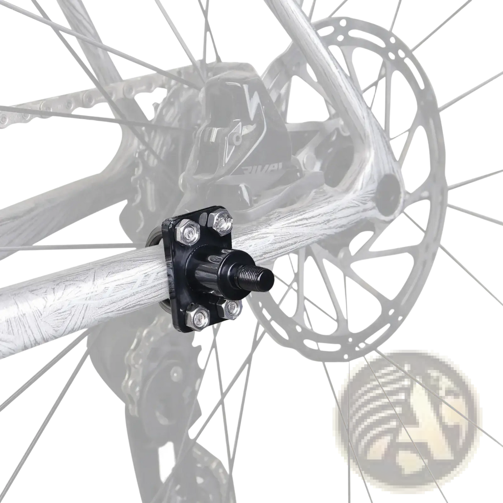 Black metal bike trailer hitch coupler adapter with four silver bolts securing a threaded shaft to the frame back side