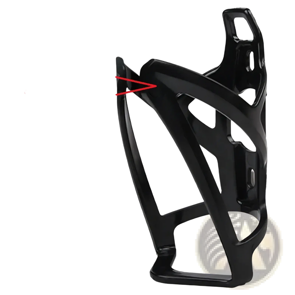 Black plastic bike water bottle cage with a lightweight sleek angular design and integrated mounting clips