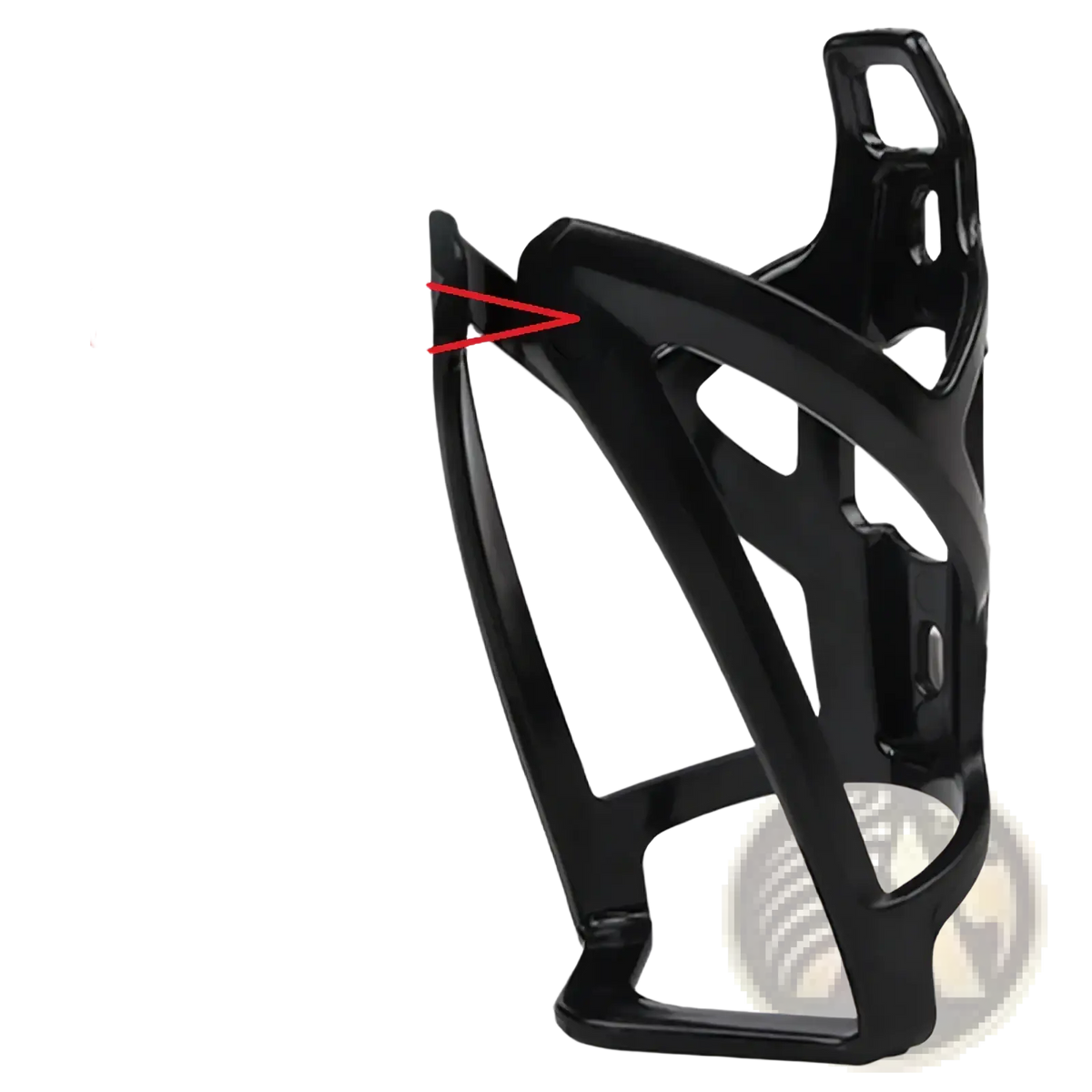 Black plastic bike water bottle cage with a lightweight sleek angular design and integrated mounting clips