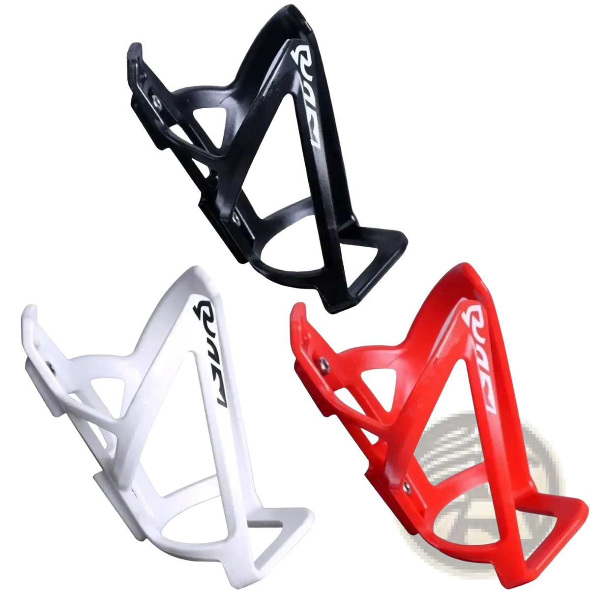 Bike water bottle cage lightweight plastic holder in black white and red carbon fiber with sleek geometric design