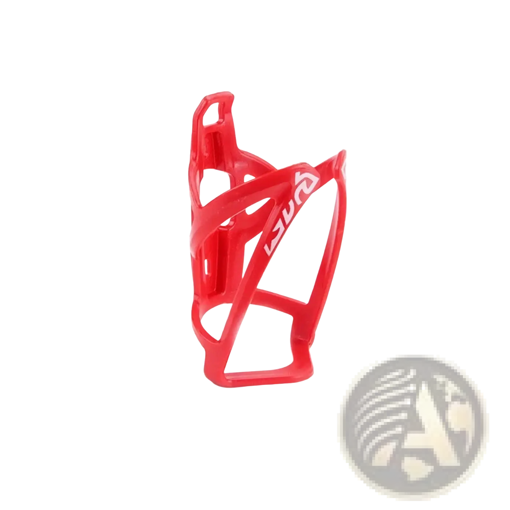 Red lightweight plastic bike water bottle cage with a sleek angular design and white branding for secure holding