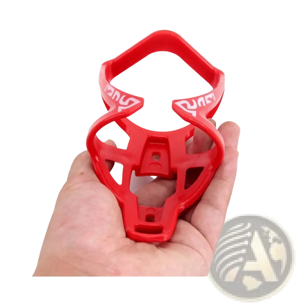 Red plastic lightweight bike water bottle cage with white logo detailing for secure hydration on the go