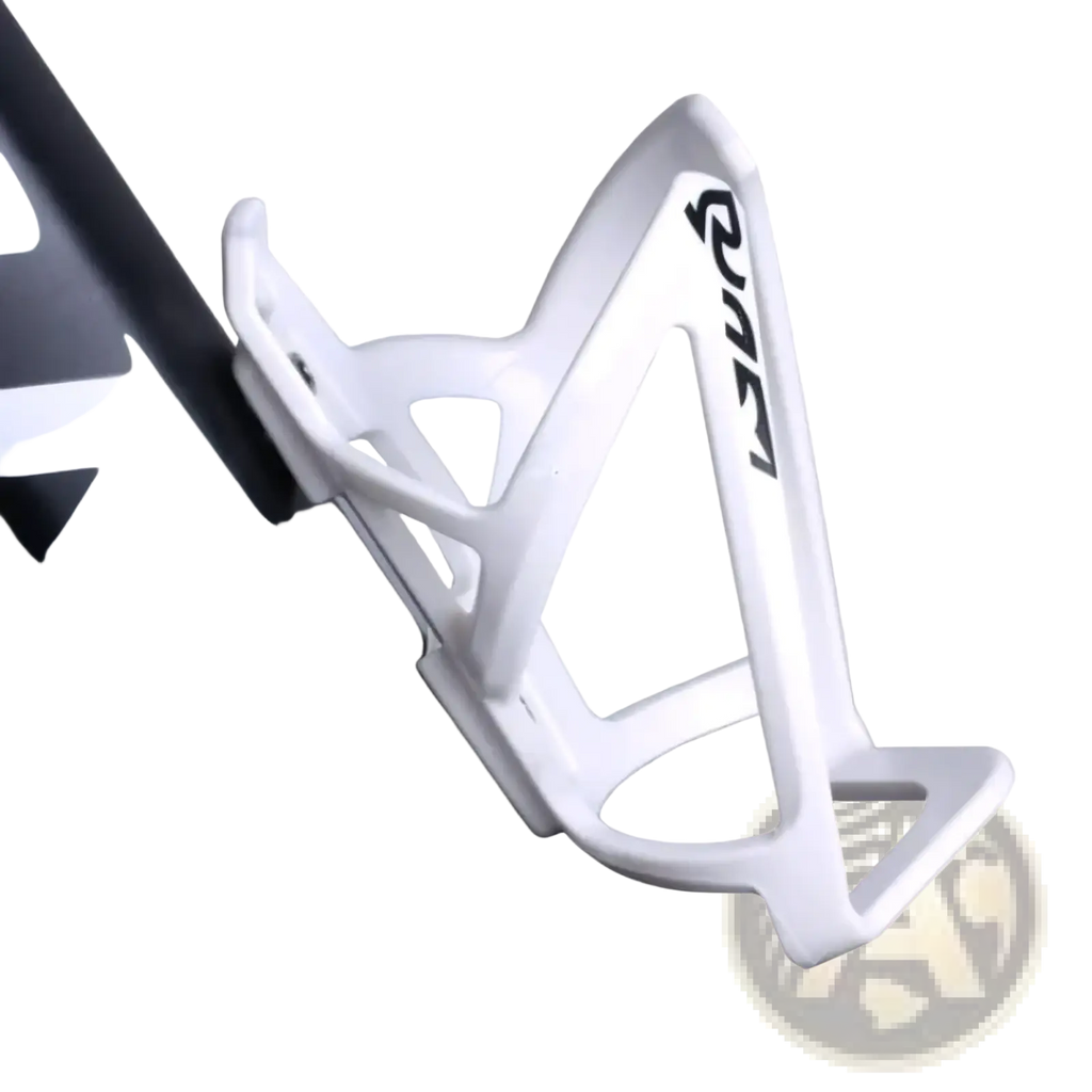 White plastic bike water bottle cage lightweight holder with black quan branding visible from the front side
