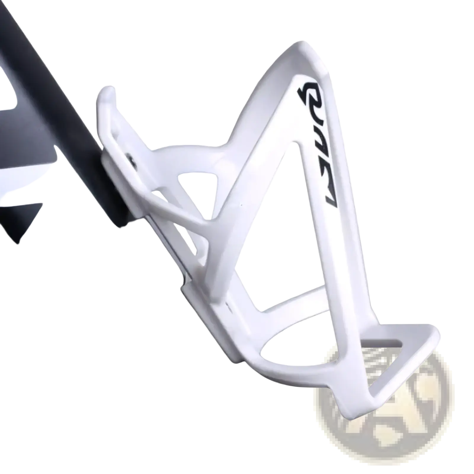 White plastic bike water bottle cage lightweight holder with black quan branding visible from the front side