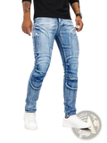 Slim fit light-wash blue denim biker jeans with reinforced padded knee and thigh sections in distressed style