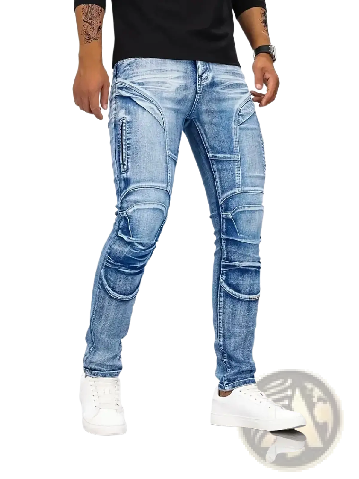Slim fit light-wash blue denim biker jeans with reinforced padded knee and thigh sections in distressed style