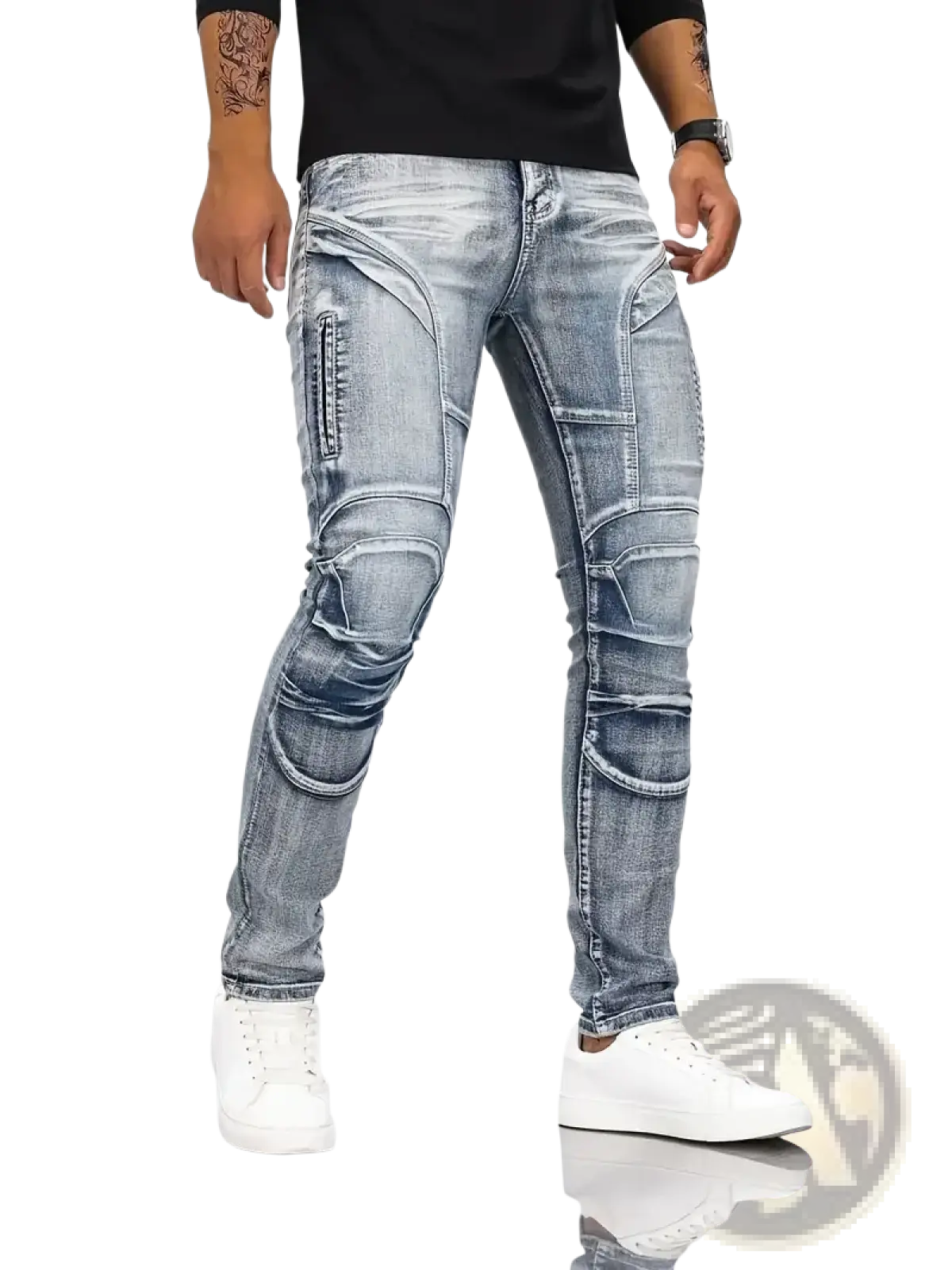 Light-wash slim fit biker jeans with distressed denim and reinforced segmented knee and thigh panels