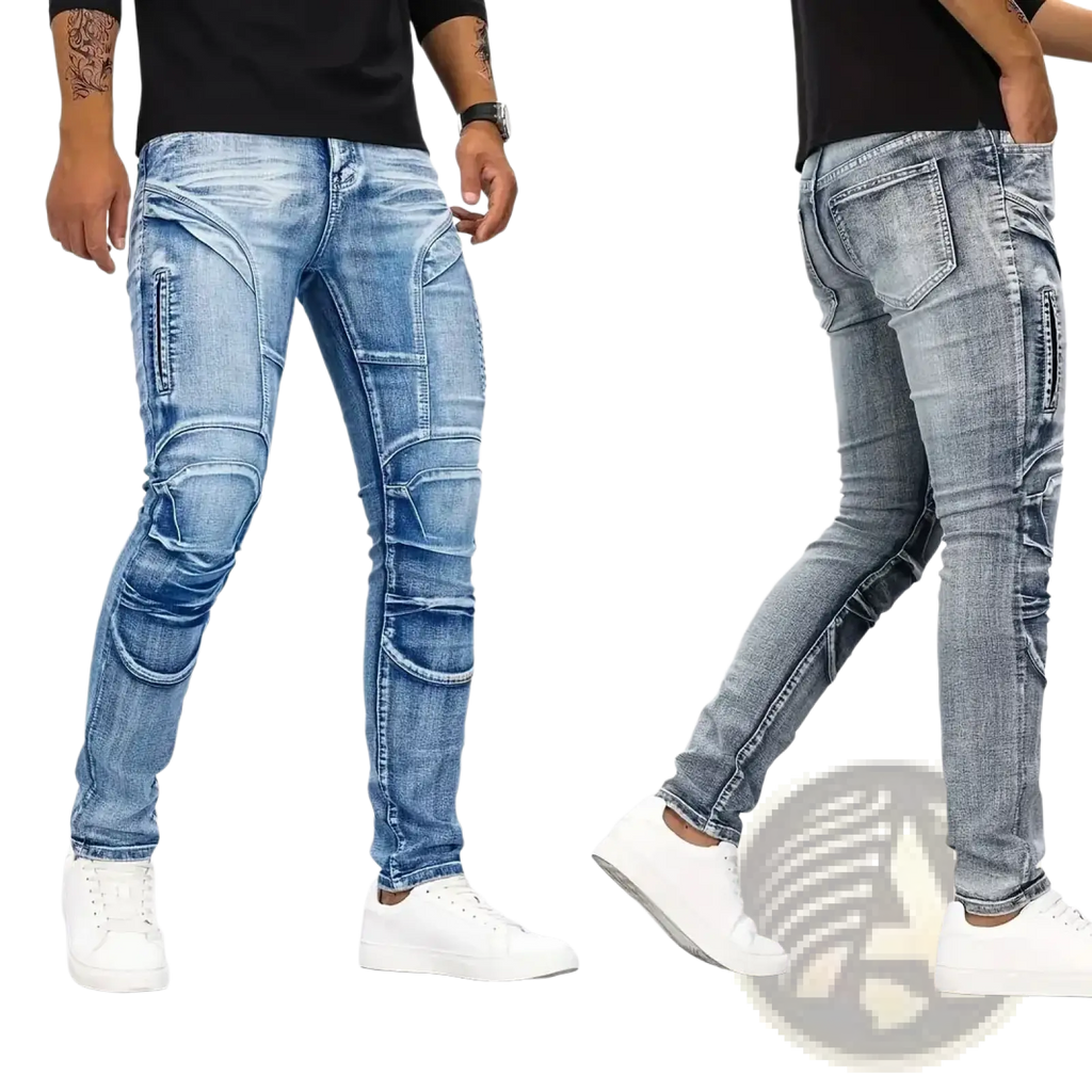 Blue and gray slim fit distressed denim biker jeans with reinforced segmented panels resembling motorcycle armor