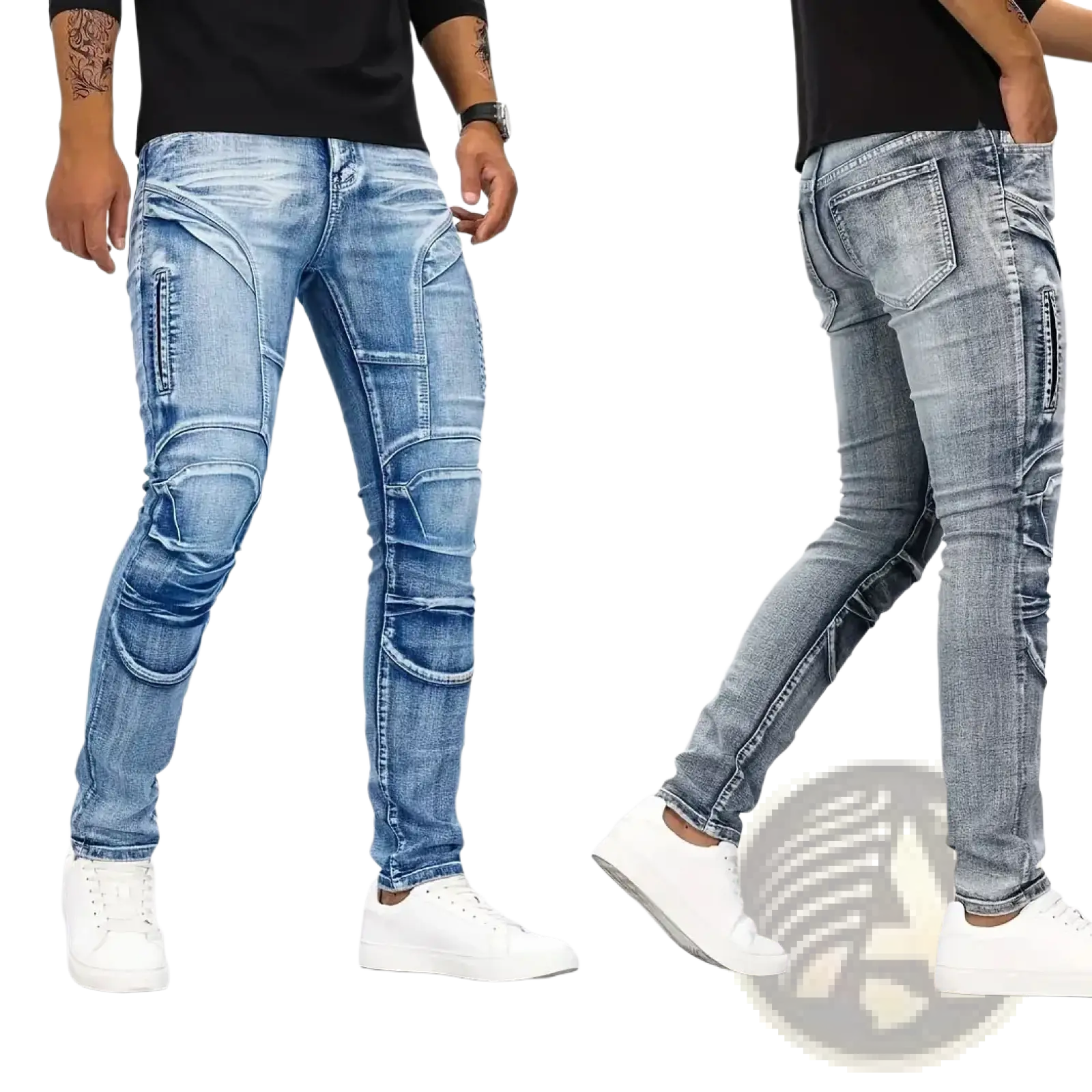 Blue and gray slim fit distressed denim biker jeans with reinforced segmented panels resembling motorcycle armor