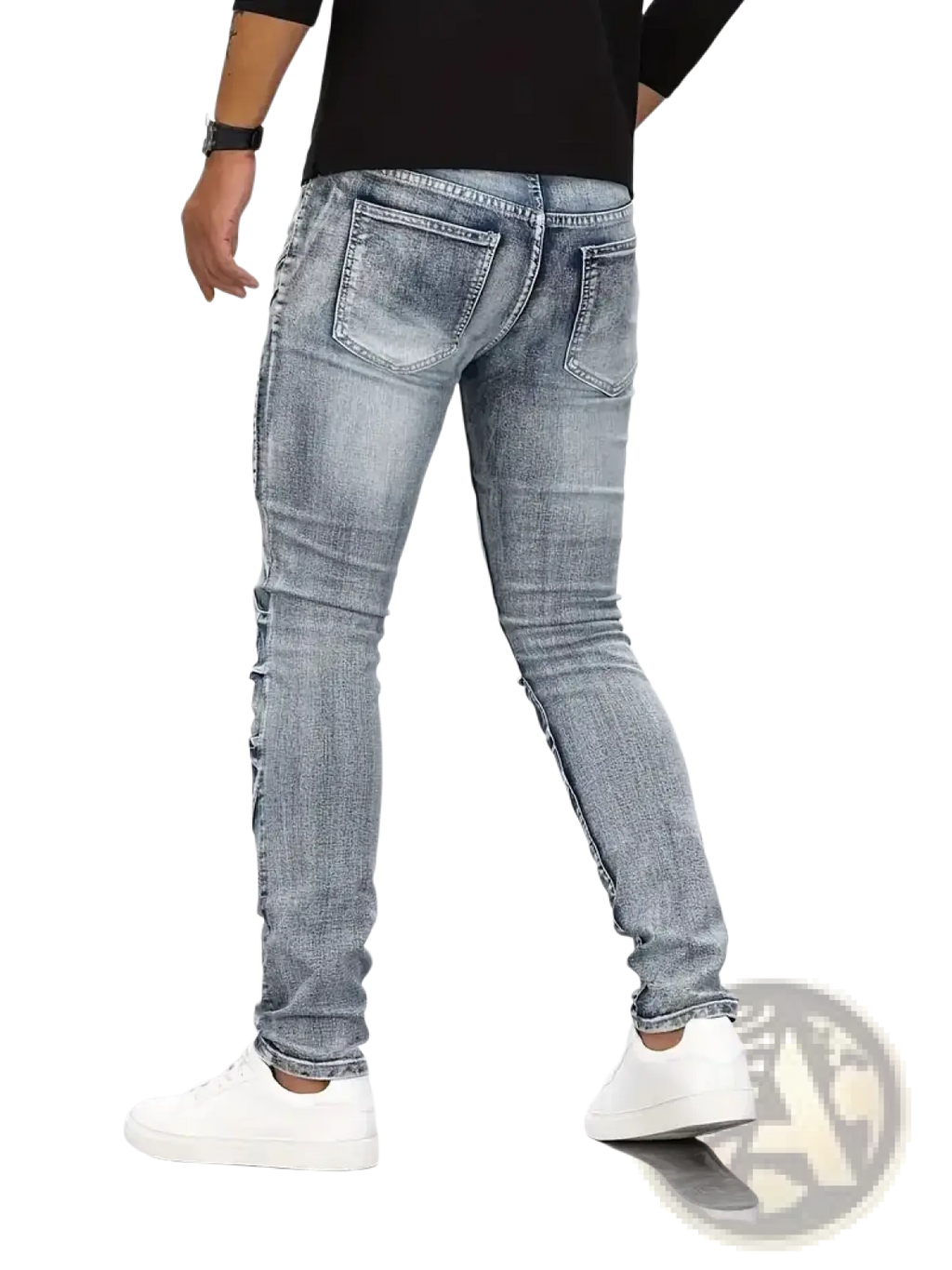 Light-wash slim fit biker jeans with distressed detailing along the outer seams in denim material