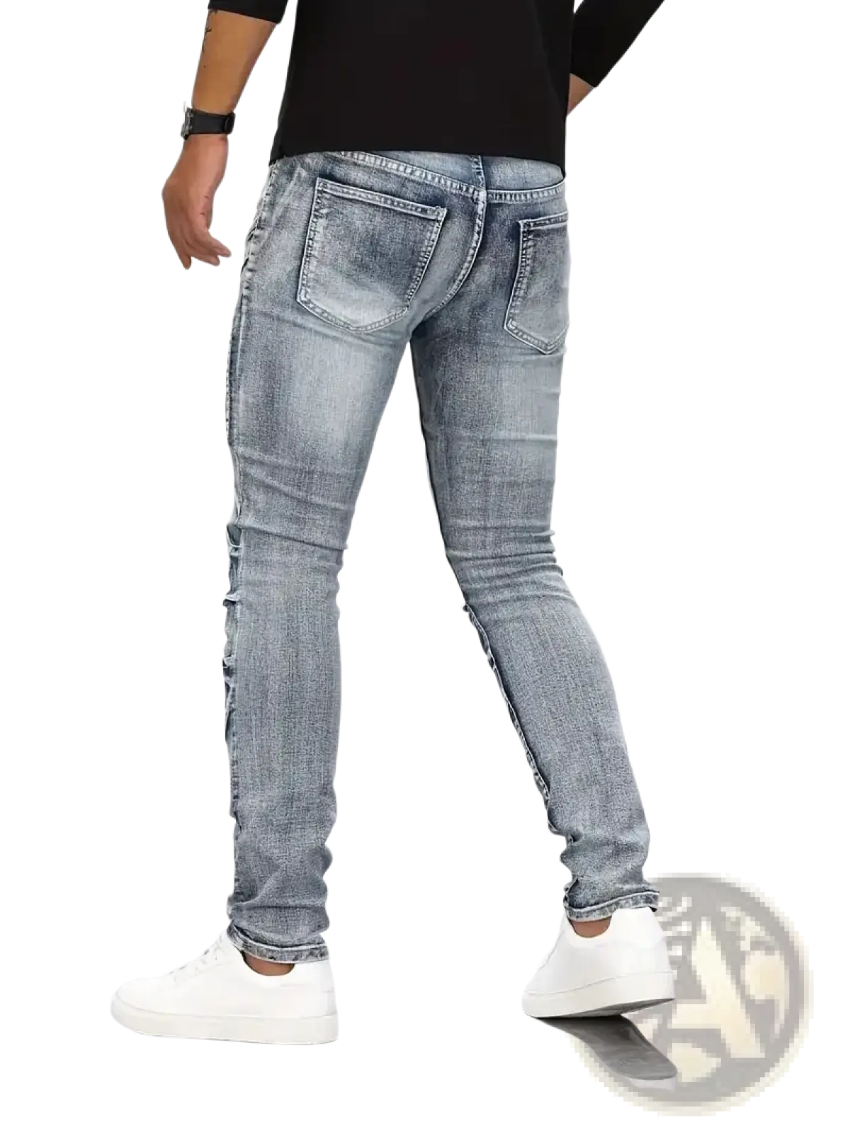 Light-wash slim fit biker jeans with distressed detailing along the outer seams in denim material