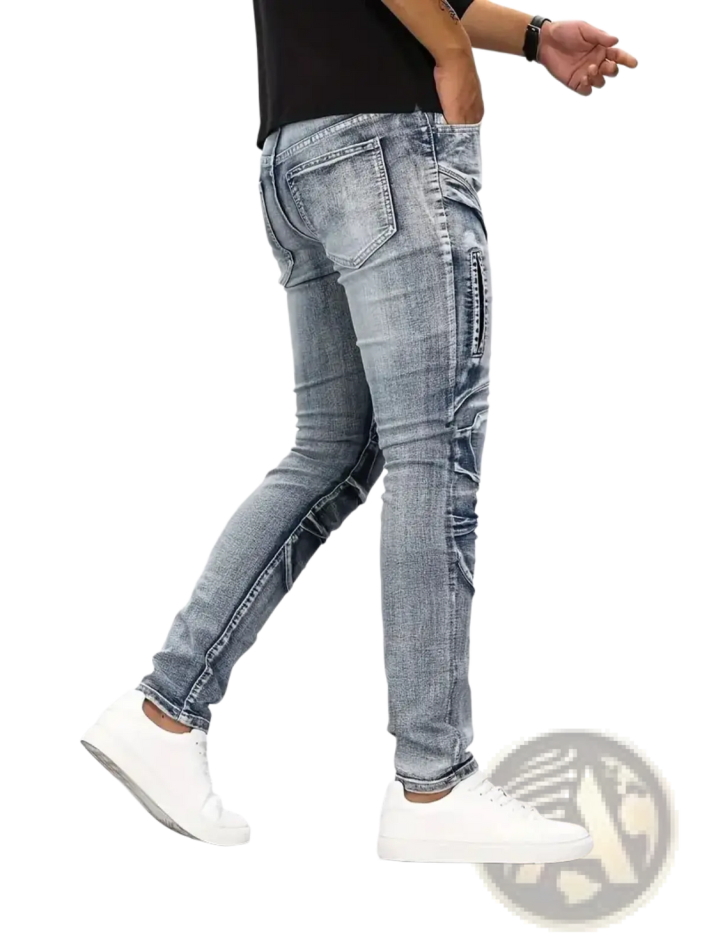 Biker jeans slim fit light-wash denim pants with tactical-style stitching and distressed details