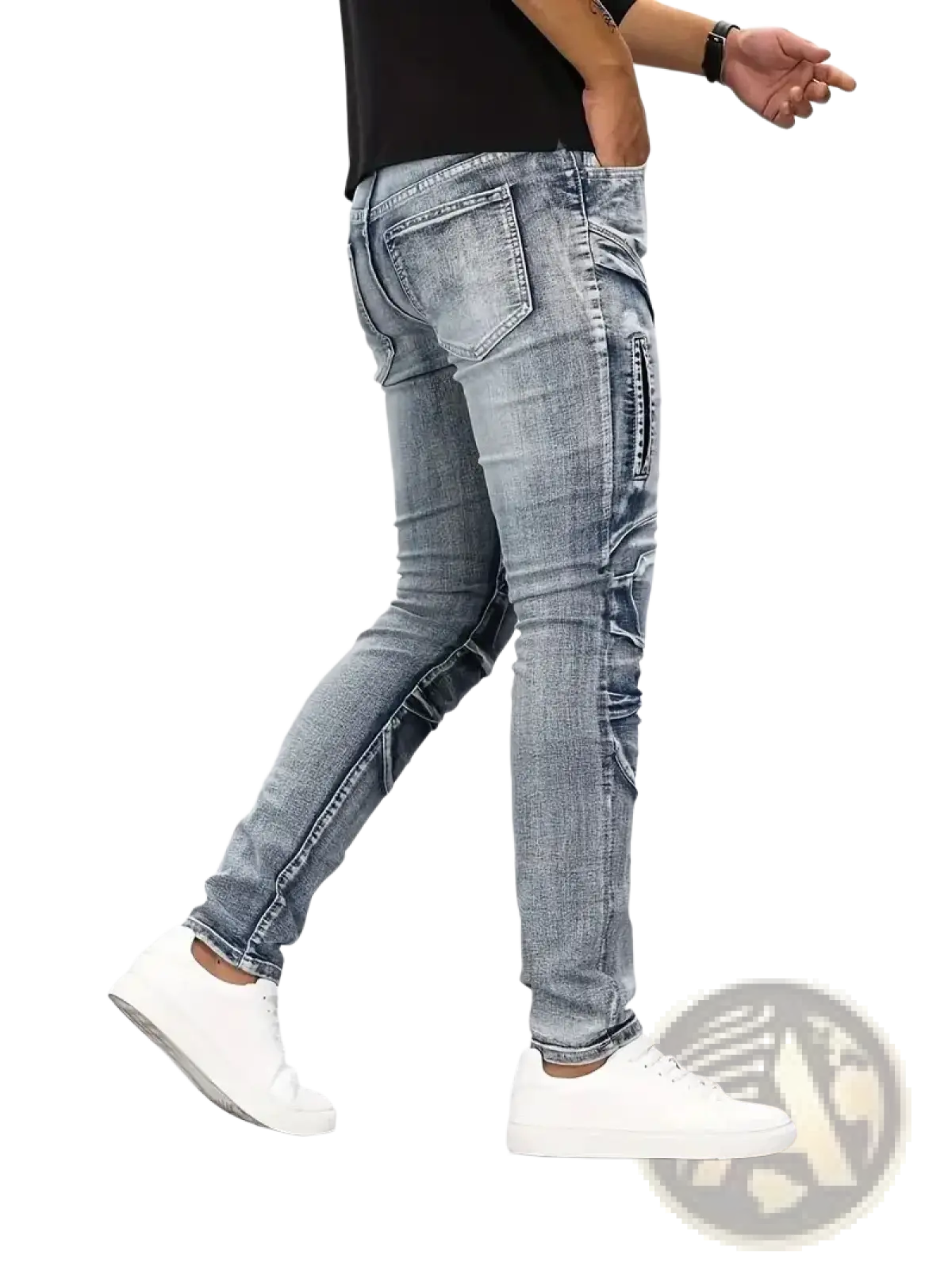 Biker jeans slim fit light-wash denim pants with tactical-style stitching and distressed details
