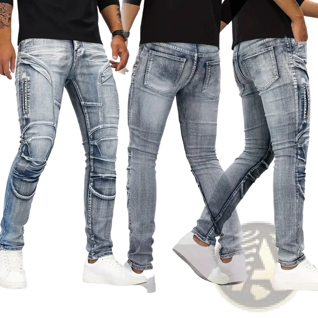 Light-wash slim fit biker jeans made of distressed denim with reinforced stitched paneling on the thighs