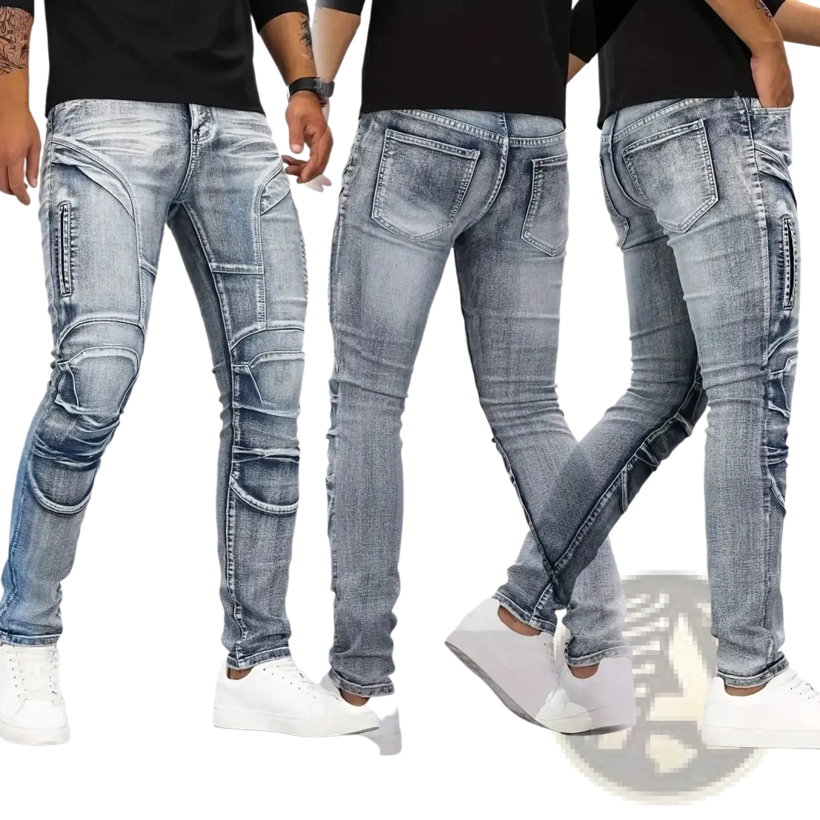 Light-wash slim fit biker jeans made of distressed denim with reinforced stitched paneling on the thighs