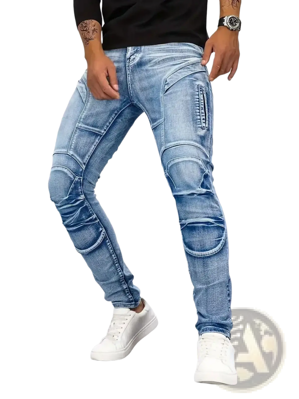 Light-wash slim fit biker jeans with bold padded knee and thigh panels in distressed denim material