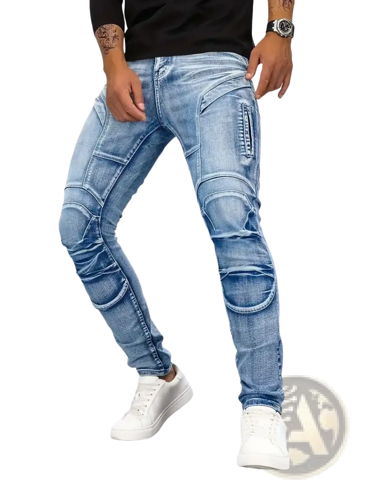 Light-wash slim fit biker jeans with bold padded knee and thigh panels in distressed denim material