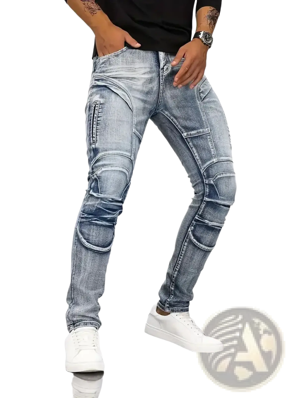 Biker jeans slim fit distressed denim pants in light-wash with reinforced segmented knee and thigh panels tactical design