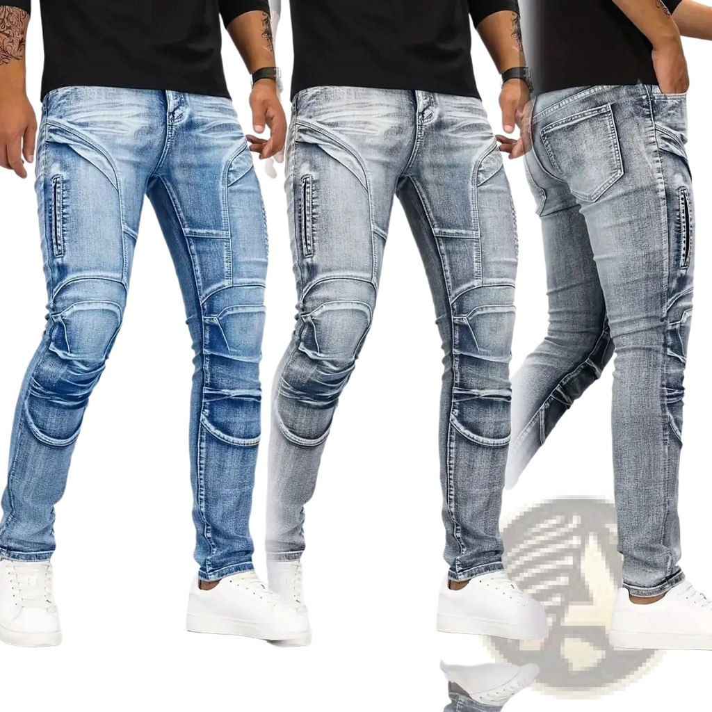 Three pairs of biker jeans slim fit distressed denim pants with reinforced knee patches in blue and gray washes