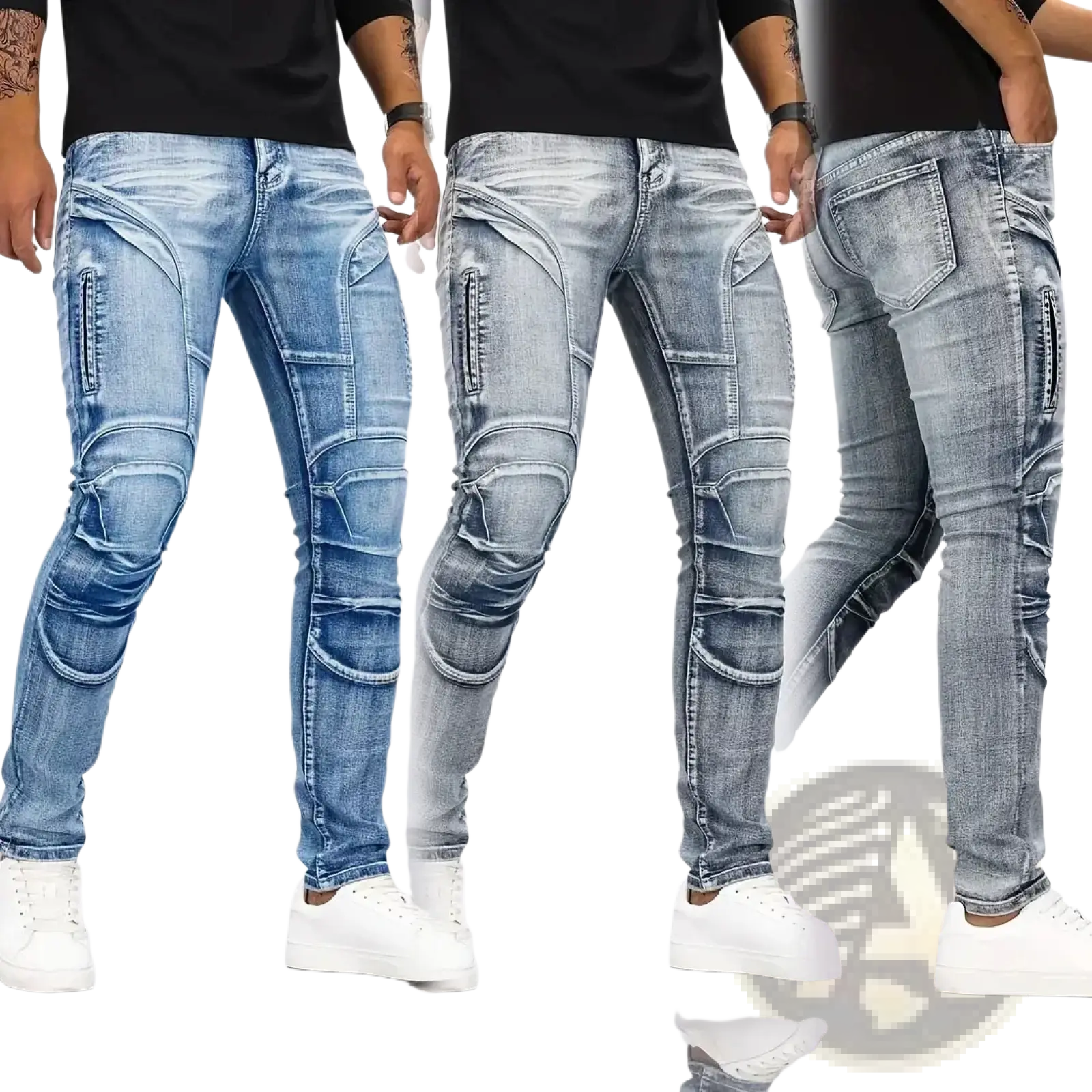 Three pairs of biker jeans slim fit distressed denim pants with reinforced knee patches in blue and gray washes