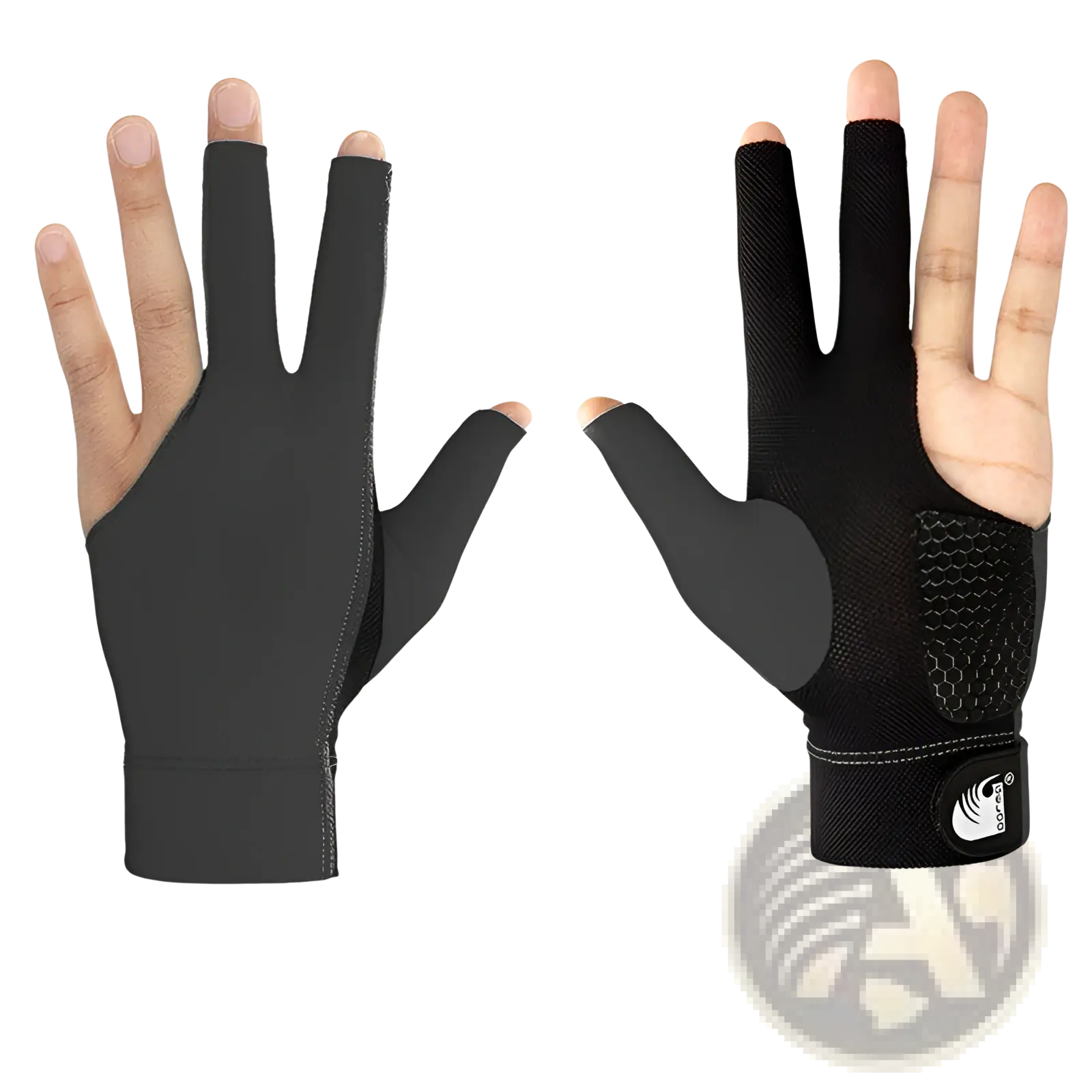 Black fingerless billiards glove with mesh pattern back padded palm adjustable wrist strap for left hand use