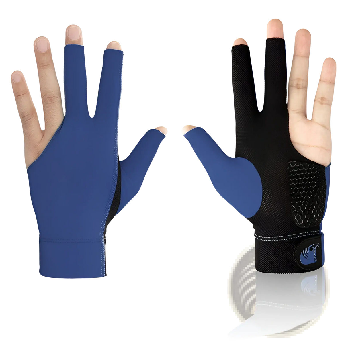 Blue and black fingerless billiards glove with mesh panel made of lycra for anti skid left hand use on back side
