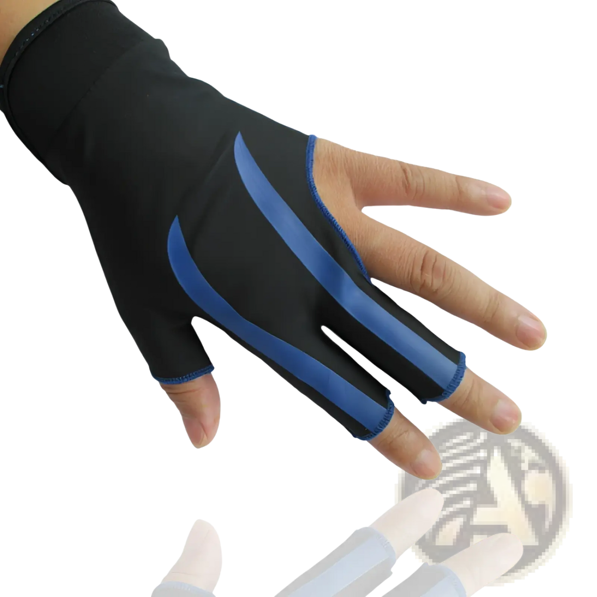 Black and blue fingerless billiards glove with reinforced lycra fabric panels for anti skid snooker cue use left hand back view