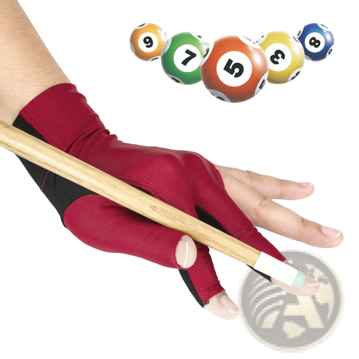 Red and black fingerless billiards glove with anti skid lycra and reinforced grip for left hand snooker cue use